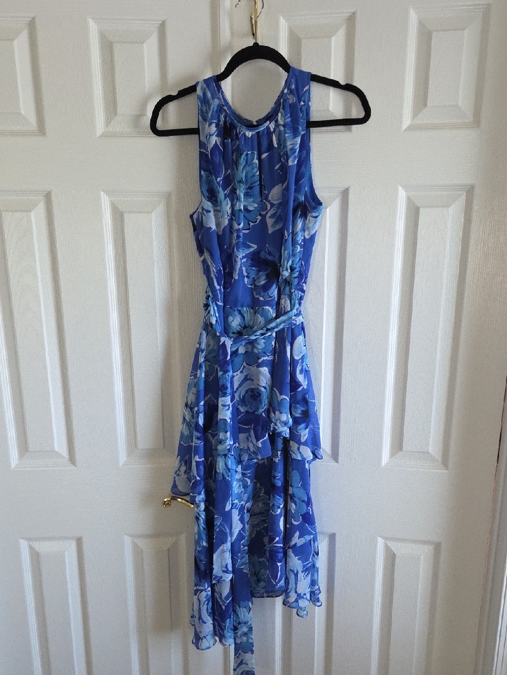 Tahari Blue Floral Sleeveless Tiered High-Low Dress